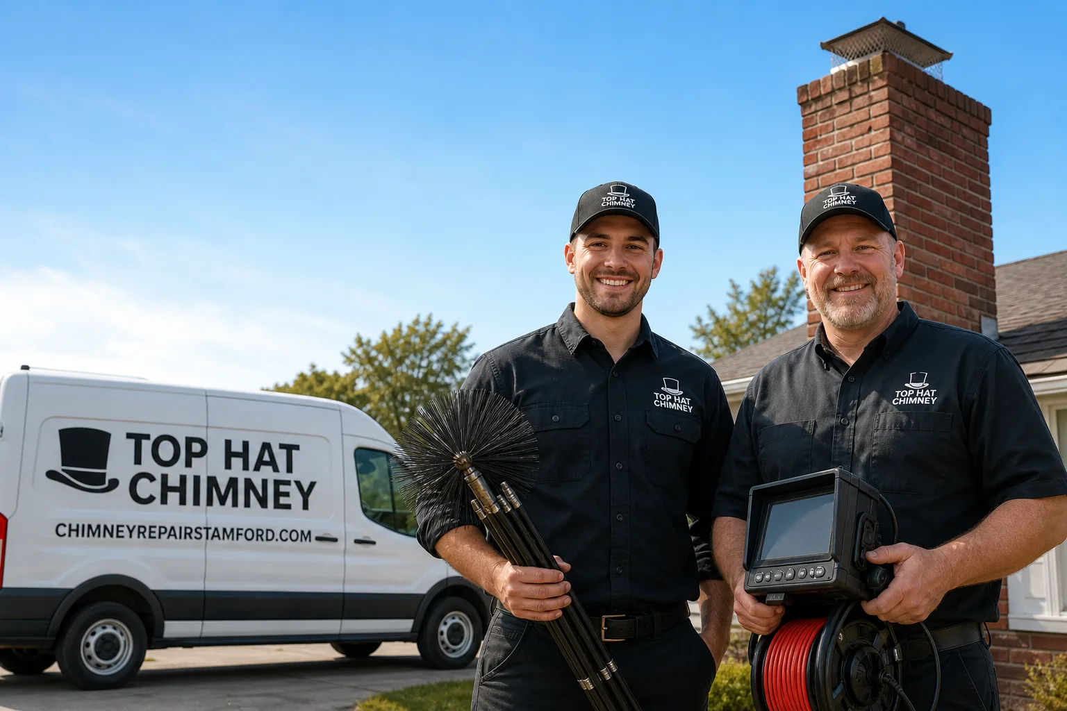 Top Hat Chimney chimney cleaning service vehicle and crew in Stamford, CT